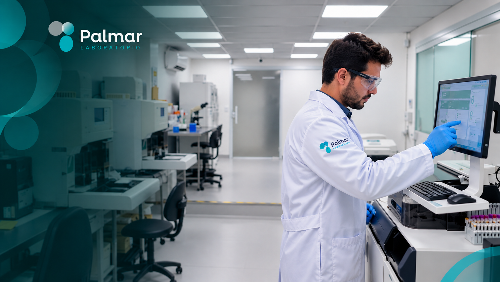 Equipe técnica operando equipamentos de diagnóstico laboratorial